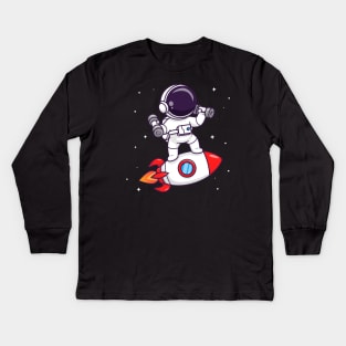 Cute Astronaut Lifting Dumbbell On Rocket Cartoon Kids Long Sleeve T-Shirt